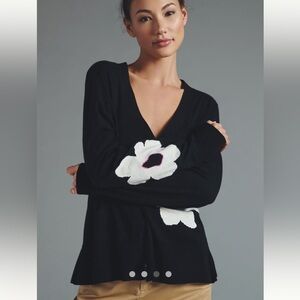 Anthropology sanctuary Chic Black cardigan with White Floral Design
